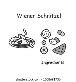 Wiener Schnitzel icon. Austrian cuisine meat cutlet plate serving linear pictogram. Concept of traditional European recipe and ingredients for home cooking. Editable stroke vector menu illustration