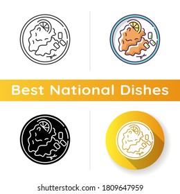 Wiener schnitzel icon. German meat dish. Traditional european meal recipe. Potato ingredient for cooking. Restaurant menu. Linear black and RGB color styles. Isolated vector illustrations