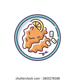 Wiener schnitzel RGB color icon. German meat dish. Traditional european meal recipe. Potato ingredient for cooking. Restaurant menu. Culinary for lunch. Isolated vector illustration