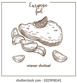 Wiener schnitzel sketch icon for European German Austrian food cuisine menu design