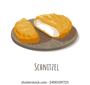 Wiener Schnitzel, tasty chicken or beef boneless meat cutlet breaded and fried until crispy. Delicious ingredient for breakfast or dinner. Balanced dieting and nourishment. Vector in flat style