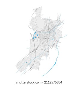 WienerNeustadt, Lower Austria, Austria high resolution vector map with city boundaries and editable paths. White outlines for main roads. Many detailed paths. Blue shapes and lines for water.