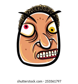 Wierd cartoon face, absolute crazy numskull portrait, vector illustration.