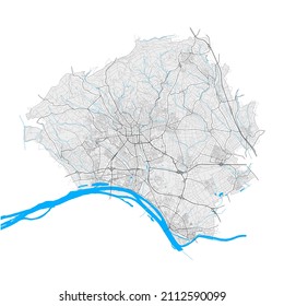 Wiesbaden, Hessen, Deutschland, hochauflösende Vektorkarte mit Stadtgrenzen und bearbeitbaren Wegen. Weiße Umrisse für Hauptverkehrsstraßen. Viele detaillierte Wege. Blaue Formen und Linien für das Wasser.