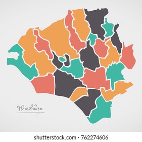 Wiesbaden Map with boroughs and modern round shapes