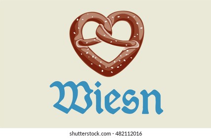 Wiesn a typical bavarian word for the beerfest with common type of bread a pretzel shaped as heart. Oktoberfest theme with color scheme of bavarian flag.