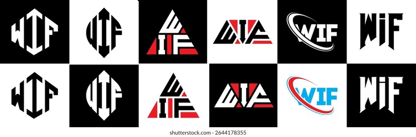 WIF letter logo design in six style. WIF polygon, circle, triangle, hexagon, flat and simple style with black and white color variation letter logo set in one artboard. WIF minimalist and classic logo