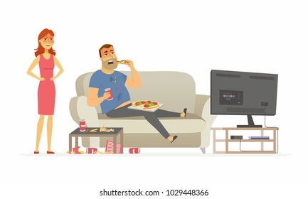 Wife angry with husband - cartoon people character isolated illustration on white background. An image of a young woman shouting at the man eating fast food and making a mess in front of the TV