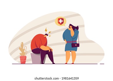 Wife calling ambulance for husband suffering from headache. Woman talking on phone, man sitting with head down flat vector illustration. Health, healthcare, migraine concept for banner, website design