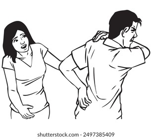 Una esposa revisa a su esposo mientras él tenía dolor de espalda. Ilustración en blanco y negro y formato de Vector.