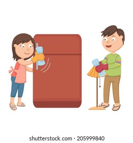 The wife is cleaning the fridge he husband is cleaning the lamp
