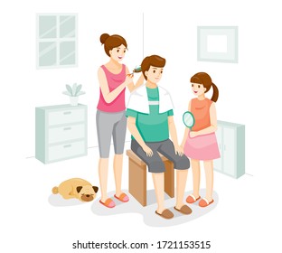 Wife Cutting Hair For Husband At Home, Family Stay Home Together, Father, Mother, Daughter And Dog, New Normal, Beauty, Shop, Healthcare