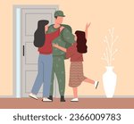 Wife and daughter with joy meet father of soldier returned from war or army. Warfare action serviceman is back home. Smiling military man. Cartoon flat style illustration. Vector concept