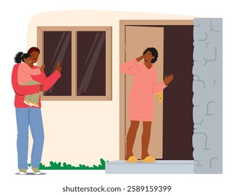 Wife gesturing goodbye to loving husband carrying little toddler daughter in arms. Cartoon scene with people standing nearby home doorway. Happy family everyday morning routine vector illustration