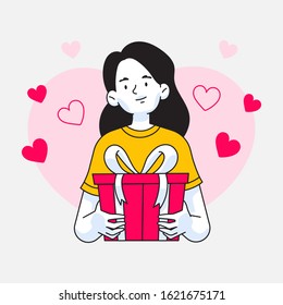 Wife or girlfriend holding present or gift for her husband or boyfriend for celebration vector illustration