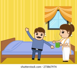 Wife Giving Coffee to Her Husband in Morning