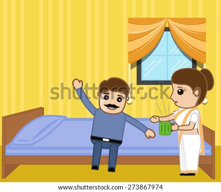 Wife Giving Coffee to Her Husband in Morning