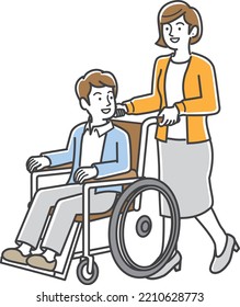 Wife helping her husband in a wheelchair