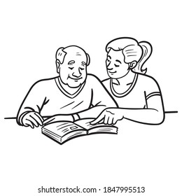 wife helps grandpa to learn. comic, outline, monochrome.