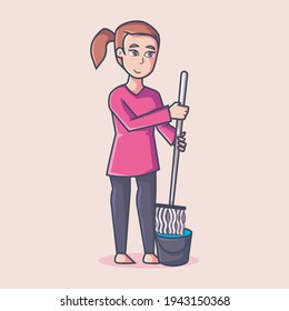 Wife House Is Mop. Cartoon Vector