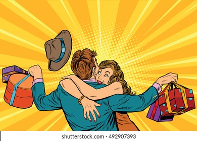 Wife hugs her husband with gifts, pop art retro vector illustration. Woman and man birthday