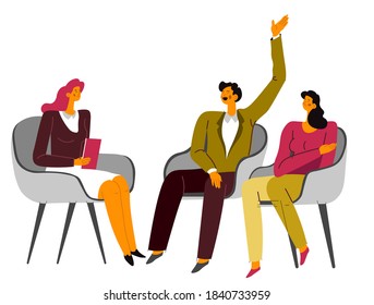 Wife and husband or boyfriend and girlfriend on session at family psychoanalyst and psychologist. Man and woman talking to specialist, asking questions and answering, couple analysis vector in flat
