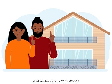 Wife and husband buy a house, thumbs up approvingly. Family, mortgage, real estate concept for banner, website design. Vector flat illustration