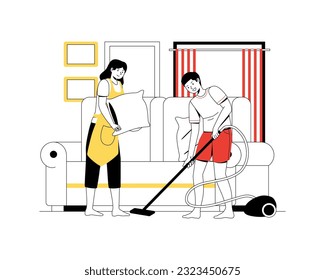 Wife and husband doing household chores. Vector illustration of cleaning