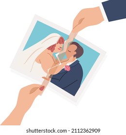 Wife And Husband Hands Stick Tape On Torn Wedding Photo. Recovery From Break Up, End Of Marriage And Divorce Concept. Flat Vector Cartoon Illustration.