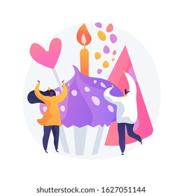 Wife and husband, happy couple celebrating anniversary. Birthday party, romantic holiday, valentine day. Happy people and cupcake with candle. Vector isolated concept metaphor illustration