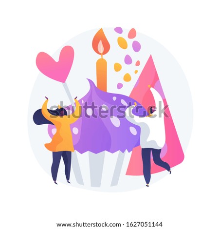 Wife and husband, happy couple celebrating anniversary. Birthday party, romantic holiday, valentine day. Happy people and cupcake with candle. Vector isolated concept metaphor illustration