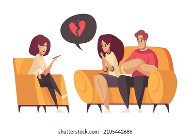 Wife and husband having psychological therapy session with psychologist cartoon isolated vector illustration