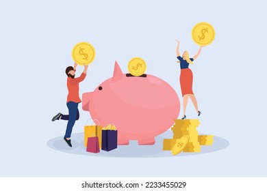 Wife and husband are holding coins. Saving money investing Smart people save money. A man and a woman make financial savings, a big piggy bank.