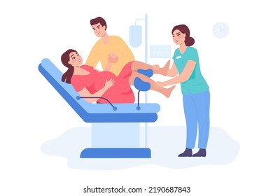 Wife and husband in maternity hospital or ward together. Pregnant woman giving birth in prenatal clinic flat vector illustration. Pregnancy, family, childbirth concept for banner or landing web page