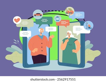 Wife and husband of old age having video call conference using app in mobile phone. Tiny elders sending messages, publishing posts online flat vector illustration. Family, relationship concept