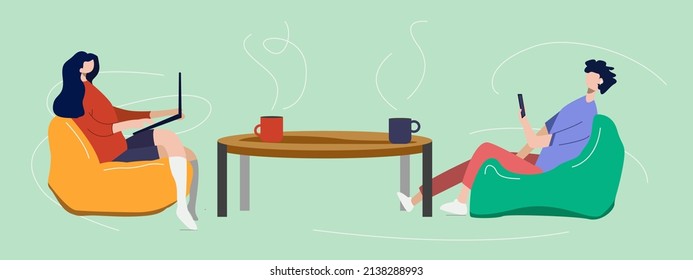 Wife and husband sitting on the chair, living room interior with furniture