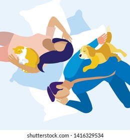 Wife and Husband Sleeping with Pets. Couple Characters Having Sweet Dreams Lying on Bed Head to Head and Hugging Pets. Woman Cuddling Cat, Man Clasping Dog. Vector Flat Cartoon Illustration