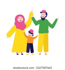 Wife husband and son muslim happy family wearing hijab islam religion positive relationship parenthood affectionate cheerful expression