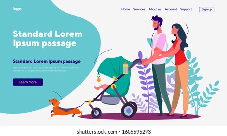 Wife and husband walking with baby in pram and dog. Couple strolling with kid and pet flat vector illustration. Family and parenting, pet animal concept for banner, website design or landing web page