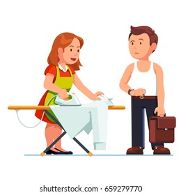 Wife Ironing Shirt For Her Husband Using Iron And Board. Housewife Woman In Apron Doing Housework, Business Man Speeding Her Waiting And Watching Time. Flat Style Vector Illustration Isolated On White