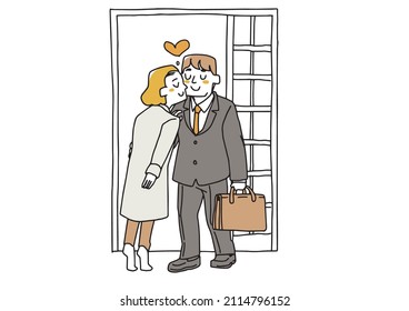  Wife kissing in front of the door and seeing off her husband Comical handwritten person Vector, simple coloring of line drawing