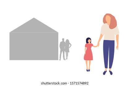 The wife leaves the husband with the child from the husband who has changed her with another woman, Isolated with copy space on white background, Vector stock illustration 