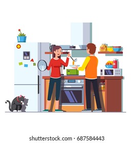 Wife Pouring Freshly Cooked Soup With Ladle Into Bowl That Husband Is Holding. Woman Feeding Man. Family Couple At Home Kitchen With Cooktop, Oven, Range, Microwave, Fridge. Flat Vector Illustration.