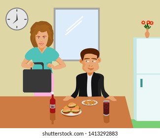 The wife is preparing breakfast and bags for her husband. There is a window in the background.