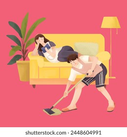 Wife is reading while husband is mopping on the floor