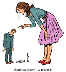 wife scolding drunk husband. alcoholism. Pop art retro vector illustration vintage kitsch