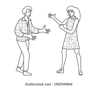 Wife screams at husband. Man and woman argue. Guy and girl swear. Negative emotions. Home conflict. Domestic violence. Contour drawing on an isolated white background.
