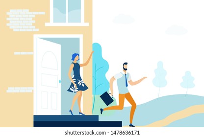 Wife Send Husband to Work Flat Vector Illustration. Young Married Couple Cartoon Characters. Lady in Dress Waving Hand, Man with Briefcase Running away. Happy Marriage, Traditional Family Values