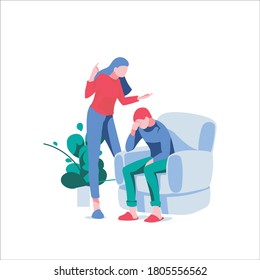 Wife shouting at husband. Upset man sitting on armchair. Husband and wife characters arguing and quarreling. Family conflict between spouses, relationship problems, divorce cartoon vector illustration