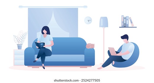 Wife sitting on the couch and husband sitting on the chair, living room interior with furniture. Male with laptop and female with book, cute characters in trendy style. Vector illustration